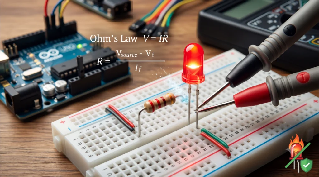 A close-up view of a glowing red LED on a breadboard circuit, protected from burning out by a correctly calculated resistor, with subtle technical overlays of Ohm's Law and a resistance formula.