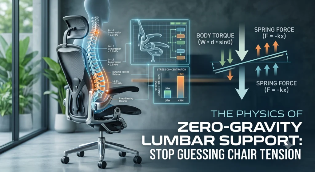 A technical illustration superimposed on a modern ergonomic office chair, showing a human spine glowing with correct lumbar support curves and integrated data labels.