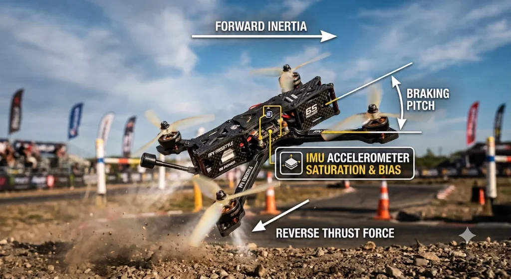 Technical illustration of an FPV freestyle drone performing a hard braking maneuver with pitch-back angle, showing forward inertia vectors, reverse thrust force, and highlighting the IMU accelerometer saturation and bias issue on the flight controller.