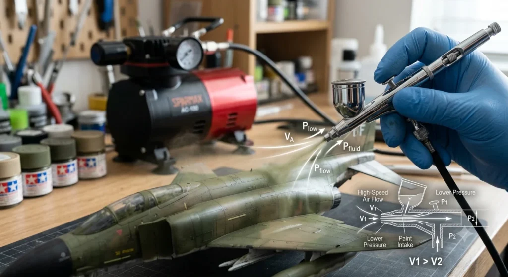 Macro extreme close-up of a premium dual-action airbrush spraying a fine paint mist onto a scale model with Bernoulli's fluid dynamics principle graphic overlays.