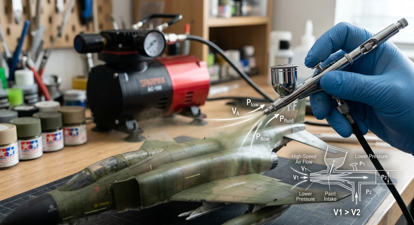Macro extreme close-up of a premium dual-action airbrush spraying a fine paint mist onto a scale model with Bernoulli's fluid dynamics principle graphic overlays.