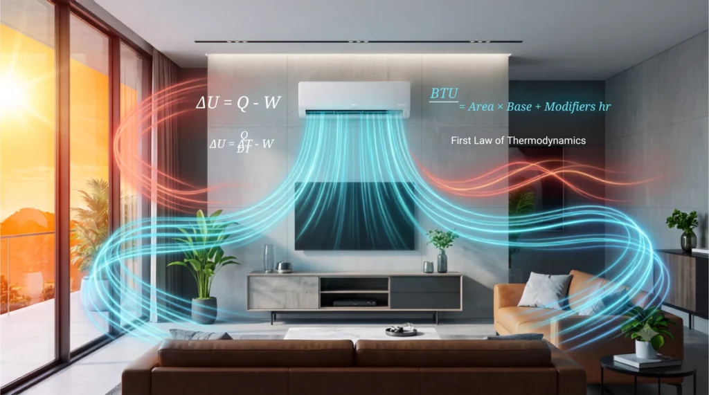 A visual explanation of air conditioner sizing physics showing hot external heat entering a modern living room and being efficiently countered by optimized cool blue energy trails from a premium AC unit, with thermodynamics equations floating in the air.