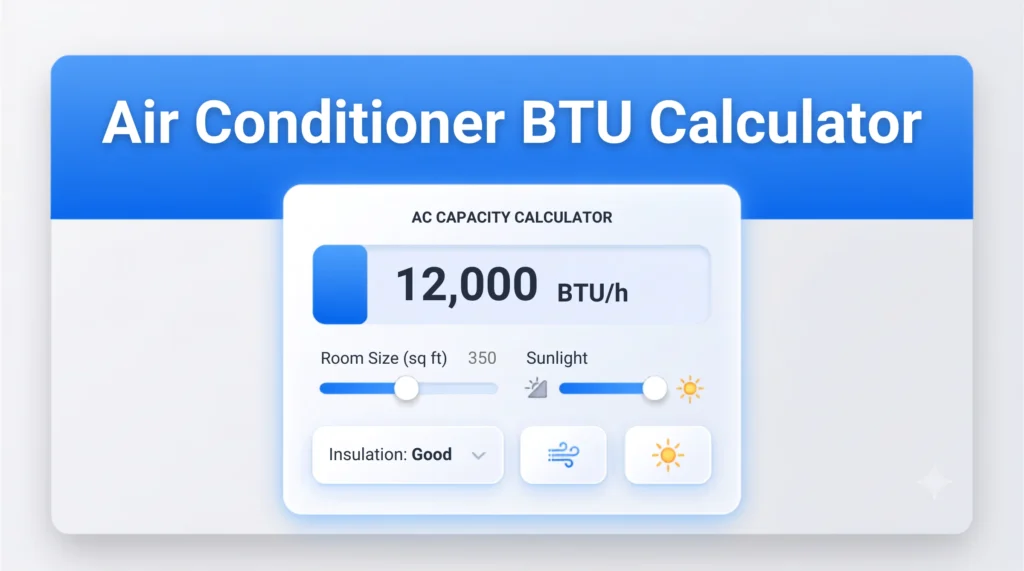A sleek, Apple-style UI illustration for an online Air Conditioner BTU Calculator. It shows a central white card on a light blue gradient background, displaying a result of 12,000 BTU/h. Sliders for 'Room Size' and 'Sunlight' are visible, along with input sections for 'Insulation: Good' and thermodynamic icons. The title "Air Conditioner BTU Calculator" is across the top.