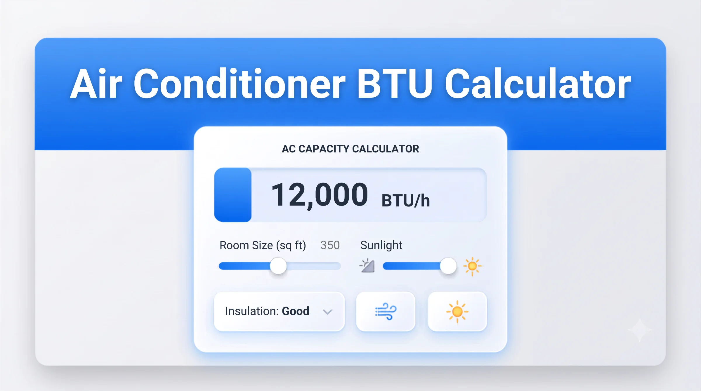 A sleek, Apple-style UI illustration for an online Air Conditioner BTU Calculator. It shows a central white card on a light blue gradient background, displaying a result of 12,000 BTU/h. Sliders for 'Room Size' and 'Sunlight' are visible, along with input sections for 'Insulation: Good' and thermodynamic icons. The title "Air Conditioner BTU Calculator" is across the top.