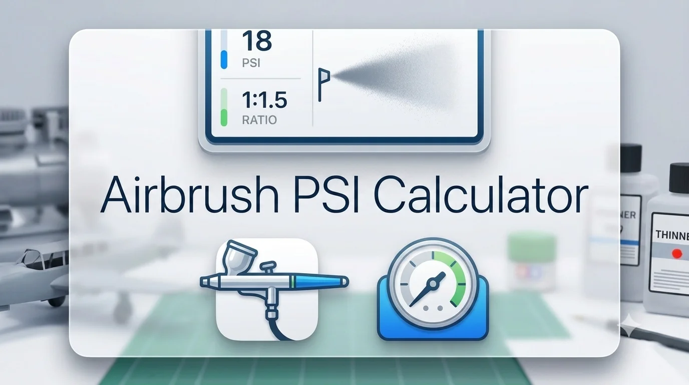 A clean, modern graphic for an airbrush calculator and simulator, featuring icons for an airbrush, a pressure gauge, and a digital interface with a spray visualization.