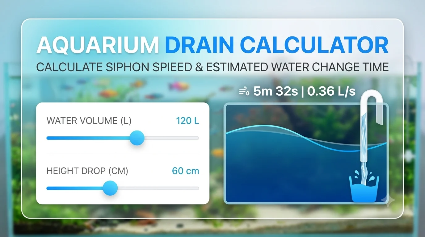 A clean, modern interface card showing an 'Aquarium Drain Calculator' widget. It features two interactive sliders for water volume and height drop, and a dynamic visualization of a siphon draining water from an aquarium tank into a bucket. The background is a blurred planted fish tank.