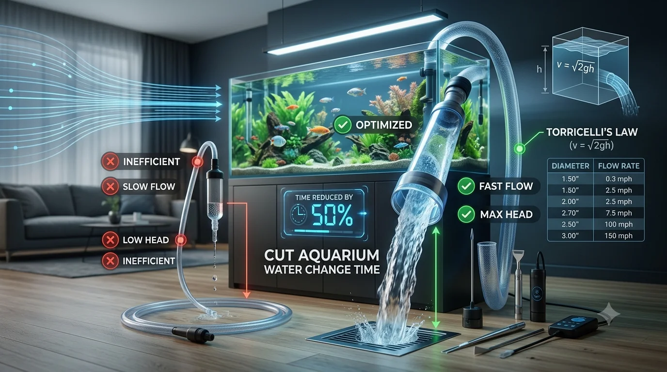Infographic comparing optimized versus inefficient aquarium water change setups, illustrating Torricelli's Law ($v=\sqrt{2gh}$) and a 50% reduction in drainage time using wide-diameter hoses and maximum vertical drop.