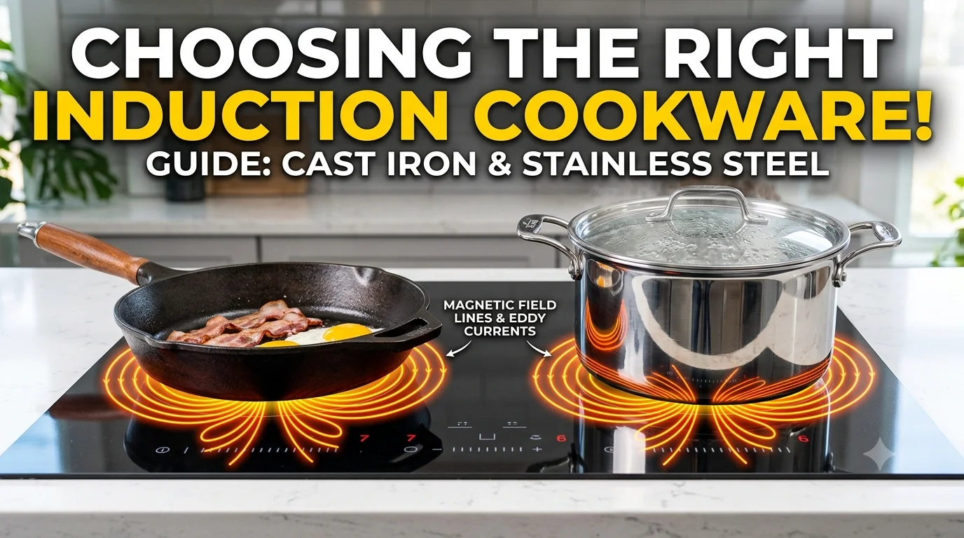 Modern induction cooktop with enameled cast iron skillet and multi-ply stainless steel pan illustrating glowing electromagnetic magnetic flux lines and eddy currents at the base.