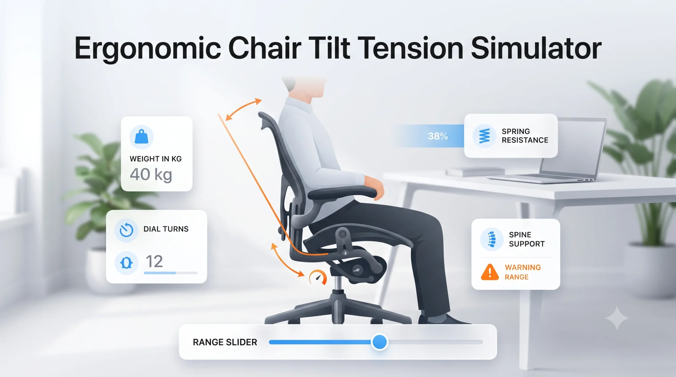 Interactive simulation of an ergonomic office chair tilt tension calculator showing recline angles, user weight inputs, and dial adjustment metrics.