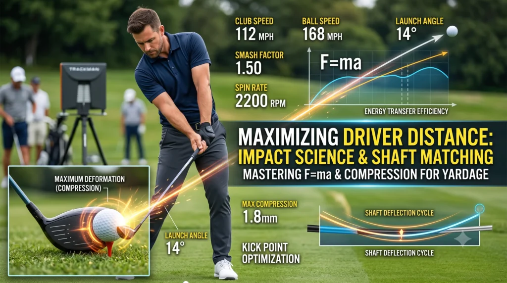 A dynamic thumbnail combining a modern golfer at driver impact with data overlays showing a high Smash Factor of 1.50 and optimized ball compression, illustrating optimized driver distance science.