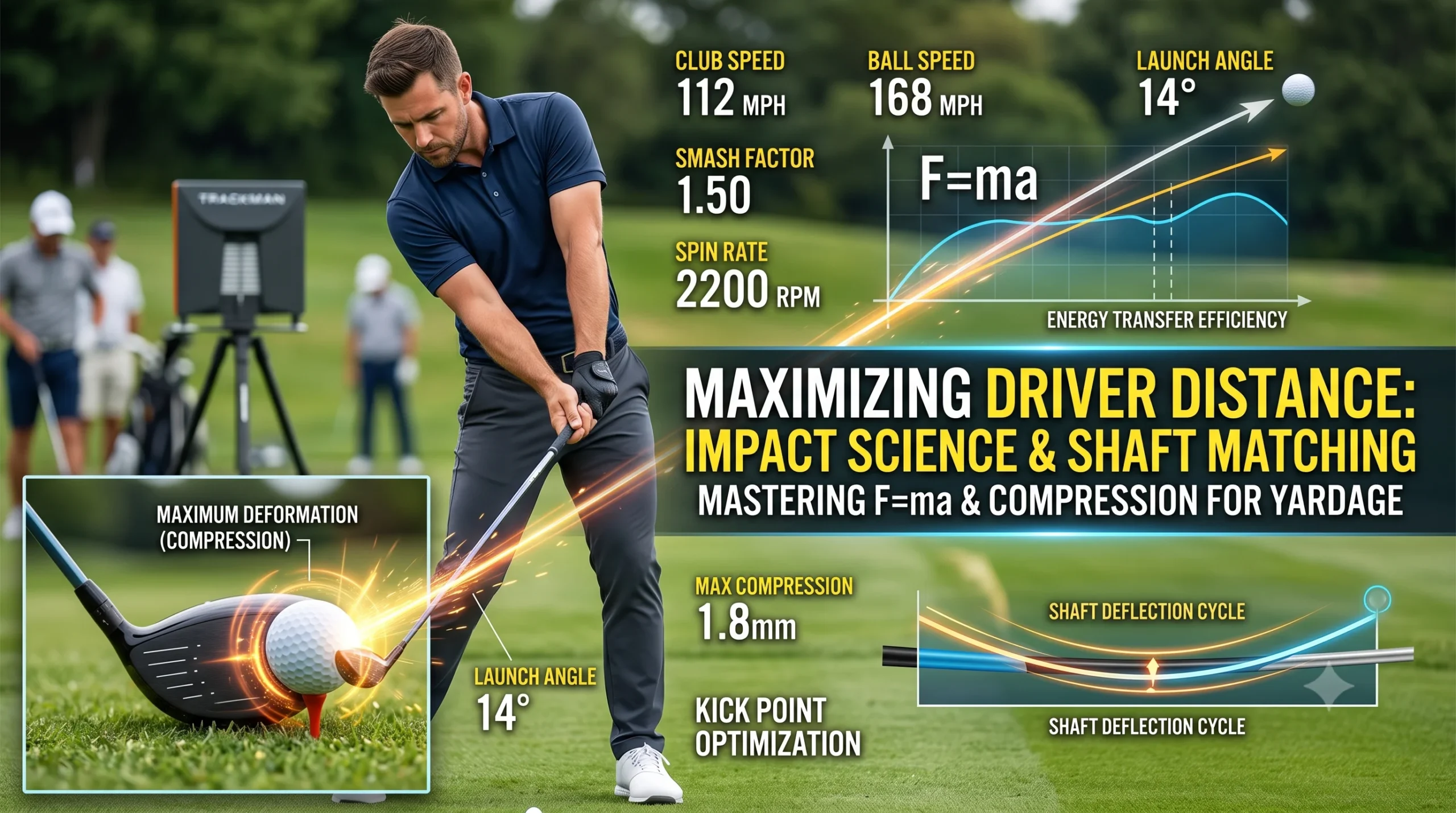 A dynamic thumbnail combining a modern golfer at driver impact with data overlays showing a high Smash Factor of 1.50 and optimized ball compression, illustrating optimized driver distance science.