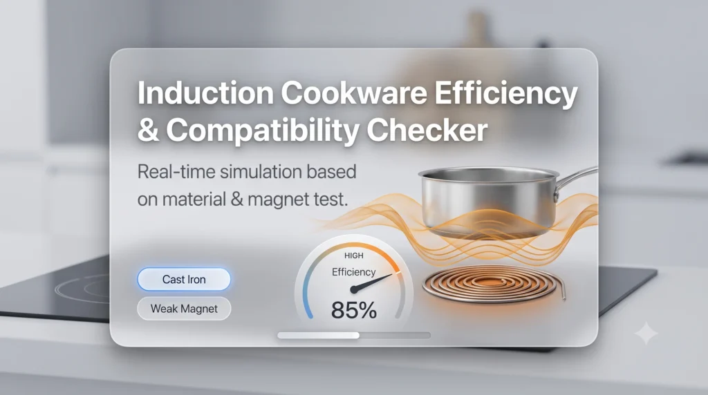 A clean, modern interface card with a visual simulation of an induction coil and pot. Text reads "Induction Cookware Efficiency & Compatibility Checker" with a 85% high efficiency gauge.