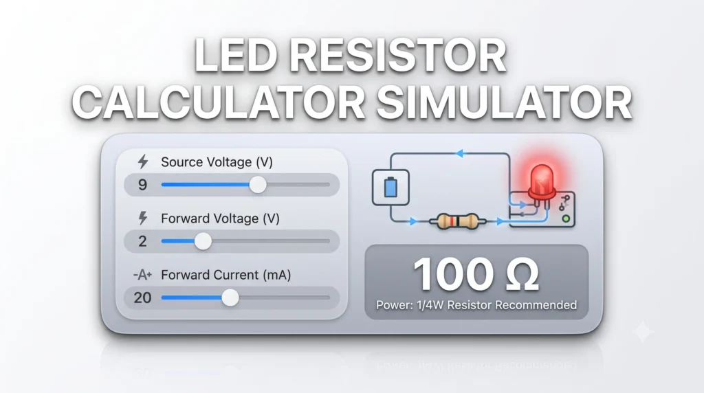 An infographic thumbnail illustrating an interactive LED resistor calculator. It features a modern interface with sliders for Source Voltage, Forward Voltage, and Forward Current, a glowing red LED circuit diagram, and a large display showing a result of 100 Ohms and a 1/4W resistor recommendation. The title 'LED RESISTOR CALCULATOR SIMULATOR' is prominently displayed.