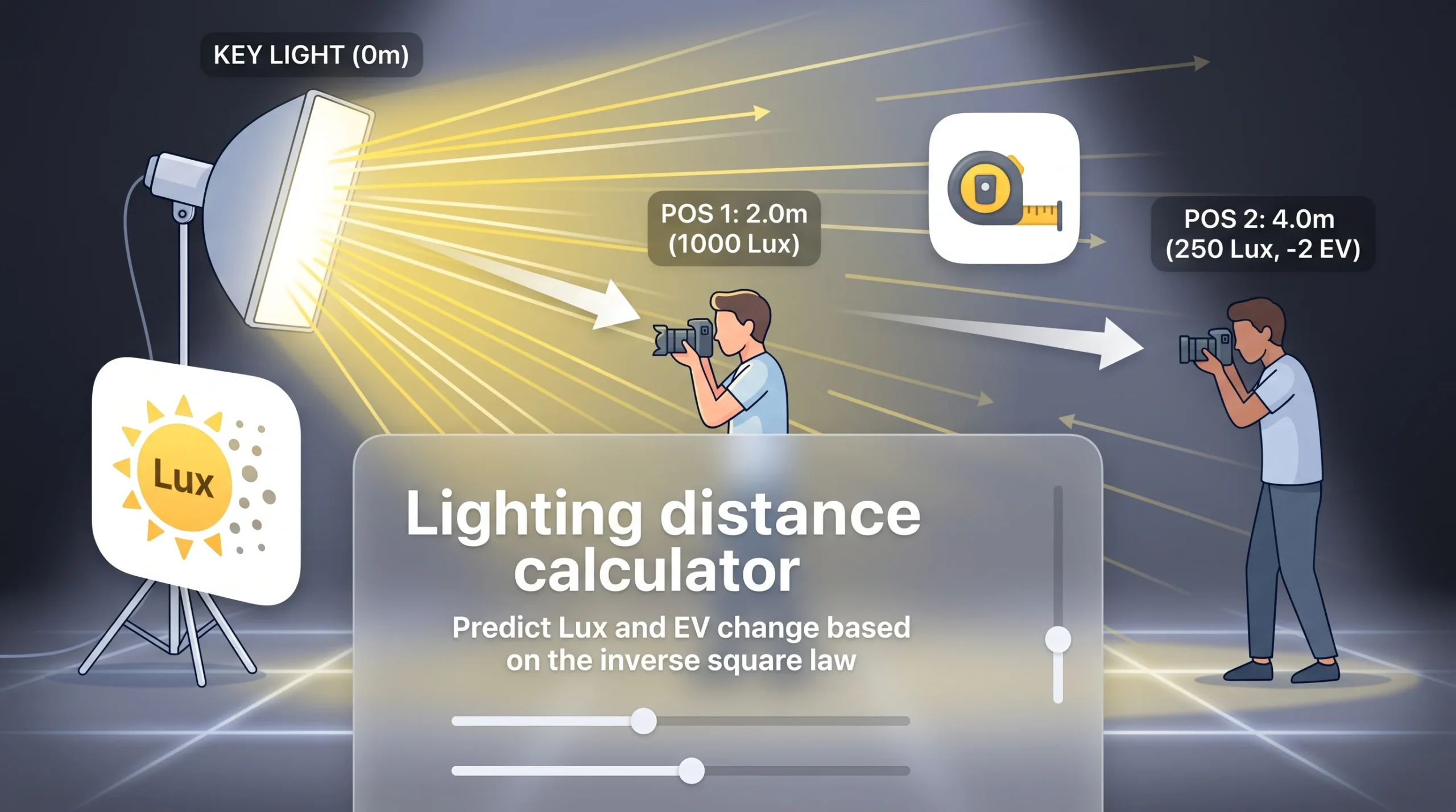 A sleek, modern graphical thumbnail for a 'Lighting distance calculator' web widget. It illustrates a stylized softbox light source with bright yellow light rays projecting onto a subject at varying distances along a 10-meter virtual stage.