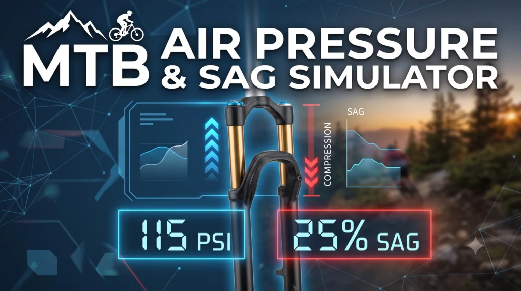 Modern digital infographic showing an MTB suspension fork with interactive data points, compression analysis, and large white text at the top: ""MTB AIR PRESSURE & SAG SIMULATOR"". The design features blue and red accents