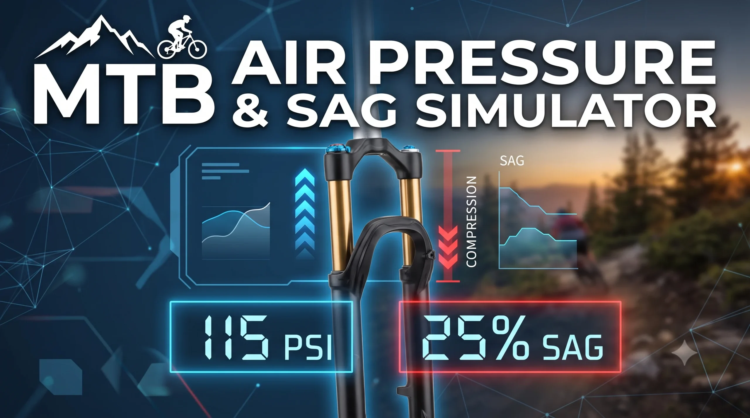 Modern digital infographic showing an MTB suspension fork with interactive data points, compression analysis, and large white text at the top: ""MTB AIR PRESSURE & SAG SIMULATOR"". The design features blue and red accents