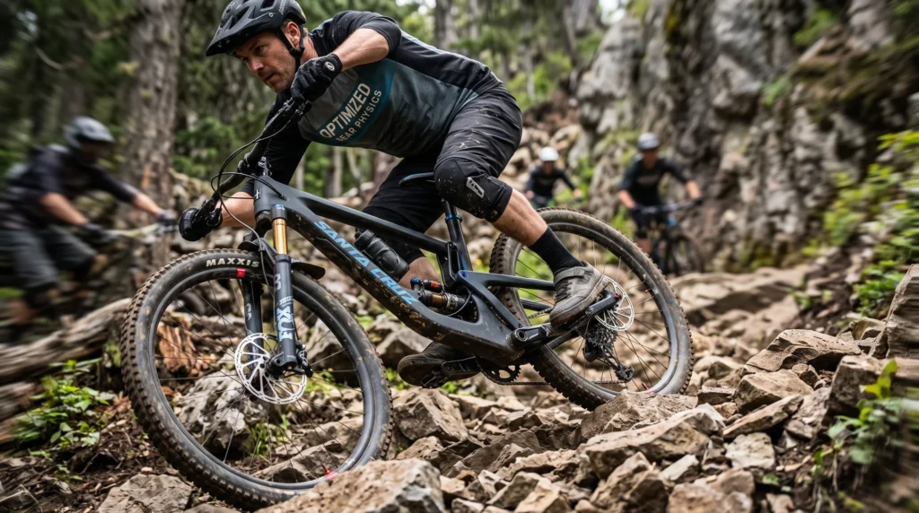 Close-up of a Fox Float X2 Factory rear shock compressing on a Specialized Enduro mountain bike during a dynamic ride through a rugged, rock garden trail, with a blurred rider and sharp focus on the shock stanchion and sag O-ring.