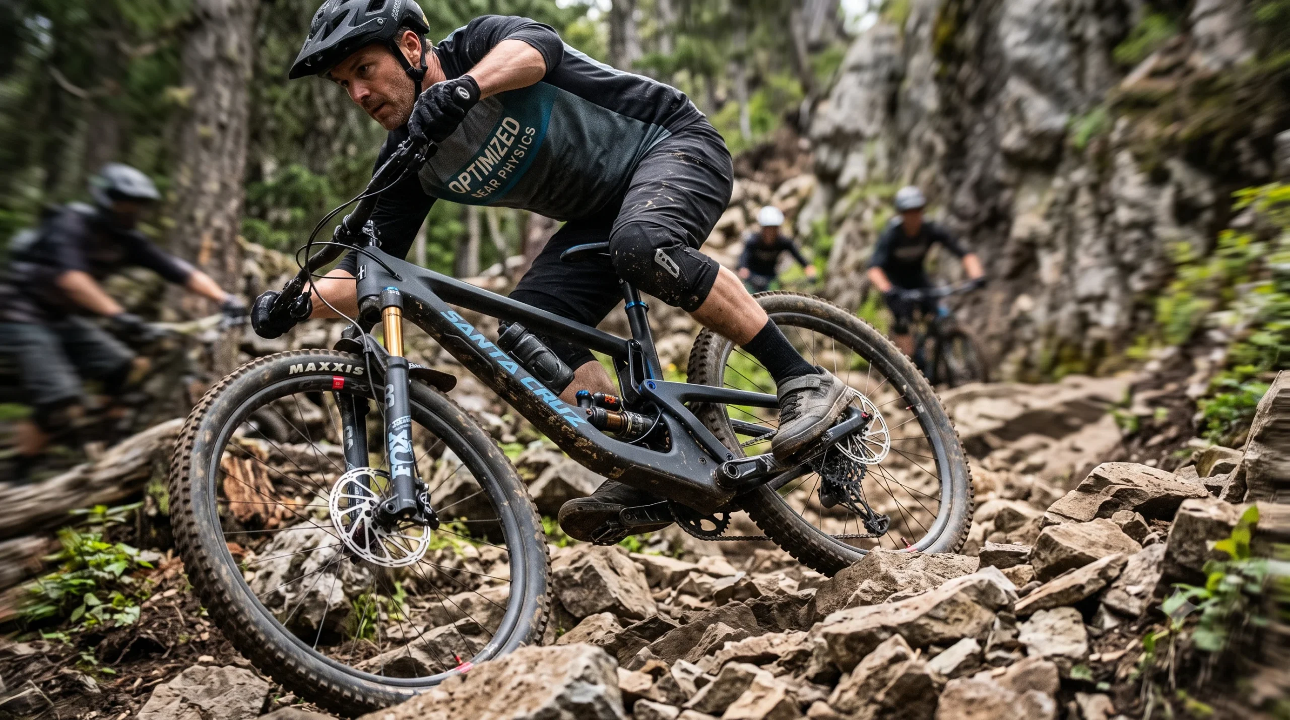 Close-up of a Fox Float X2 Factory rear shock compressing on a Specialized Enduro mountain bike during a dynamic ride through a rugged, rock garden trail, with a blurred rider and sharp focus on the shock stanchion and sag O-ring.
