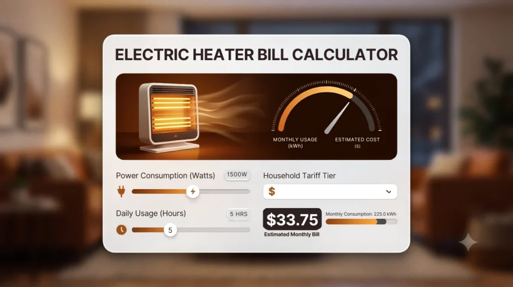 A dynamic interface illustration showing an interactive visual widget for an electric heater bill calculator. The clean, modern card features a stylized electric heater with radiating warmth and a control panel with sliders and a digital display showing $33.75. The text "ELECTRIC HEATER BILL CALCULATOR" is prominently displayed at the top. The image uses warm amber and cool grey tones on a subtle interior living room background during winter.