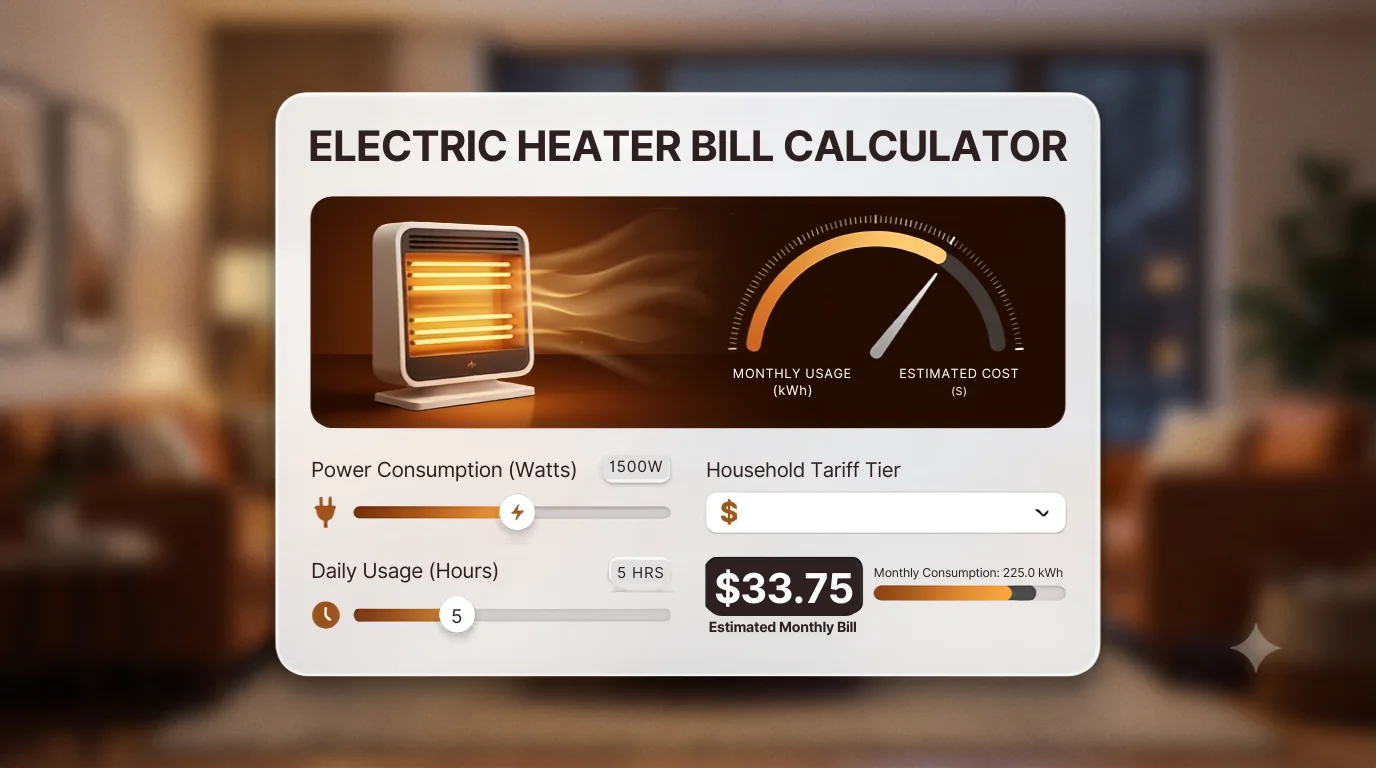 A dynamic interface illustration showing an interactive visual widget for an electric heater bill calculator. The clean, modern card features a stylized electric heater with radiating warmth and a control panel with sliders and a digital display showing $33.75. The text "ELECTRIC HEATER BILL CALCULATOR" is prominently displayed at the top. The image uses warm amber and cool grey tones on a subtle interior living room background during winter.