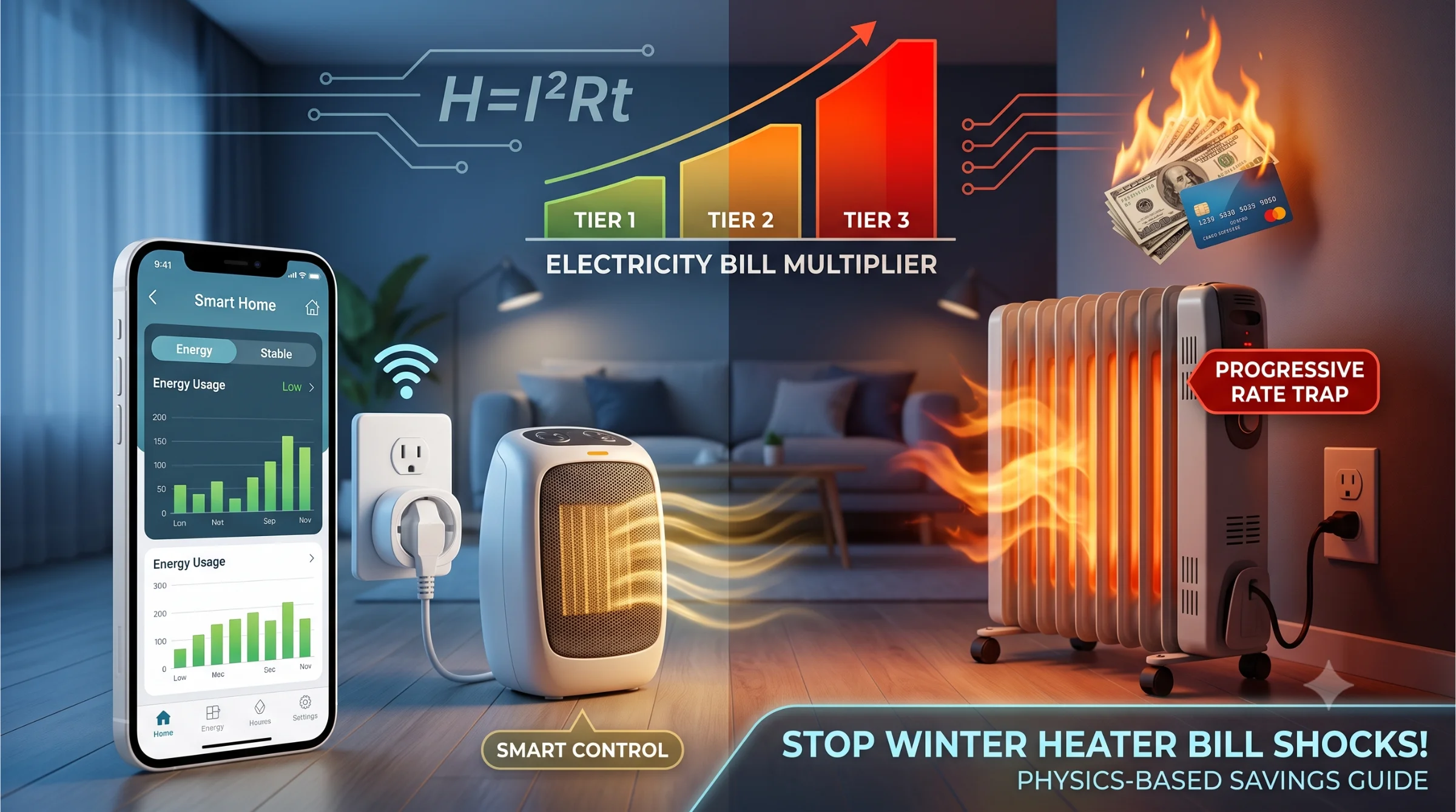 A split infographic comparing an efficient smart-controlled ceramic heater (left) with optimized energy usage, against an inefficient oil radiator (right) labeled as a "progressive rate trap" causing money to burn.