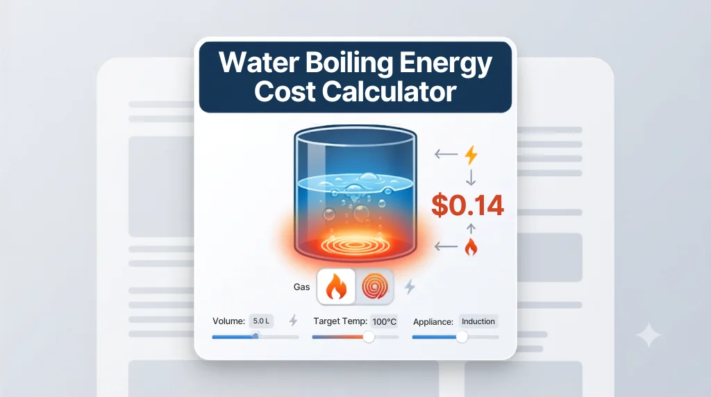 A stylized infographic thumbnail designed like a clean, Apple-inspired web card. It features a boiling water tank visualization with dynamic heat gradients. Large white sans-serif text in a blue bar reads "Water Boiling Energy Cost Calculator." Cost breakdown examples and small control sliders are visible, highlighting comparisons between induction and gas heating.