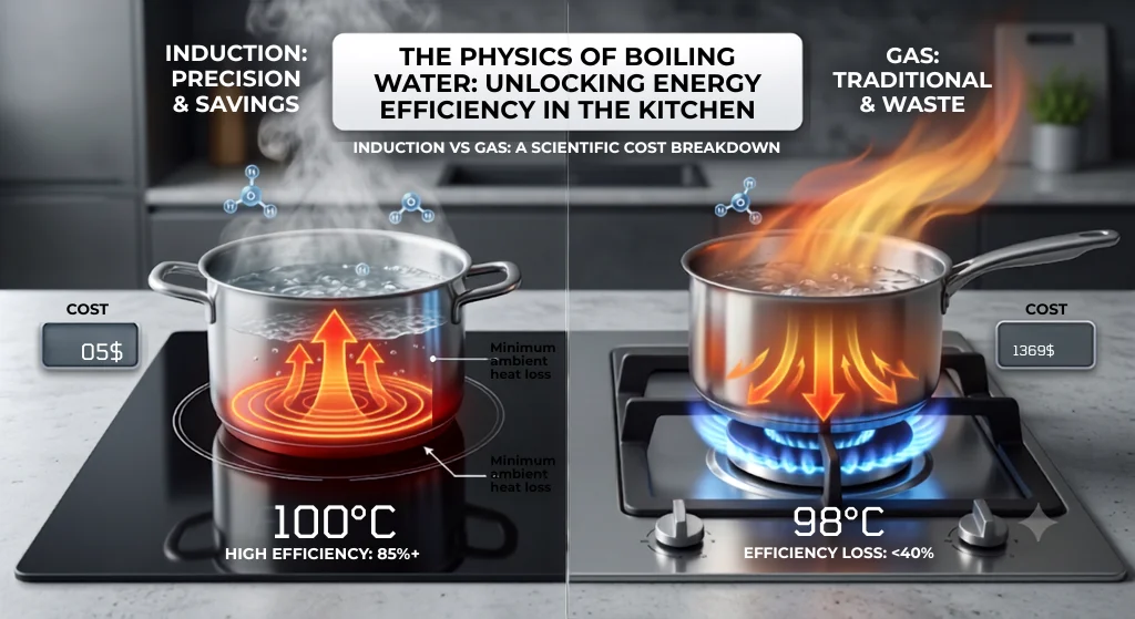 Comparative infographic showing water boiling on a high-efficiency induction cooktop versus a traditional gas burner, highlighting molecular heat transfer and thermal loss metrics for energy savings.