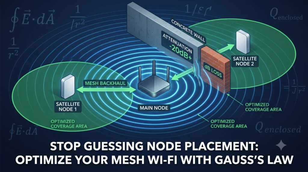 An infographic visualizing how Gauss's Law and material attenuation affect Wi-Fi signals in a home, showing how to place mesh nodes to eliminate dead zones.