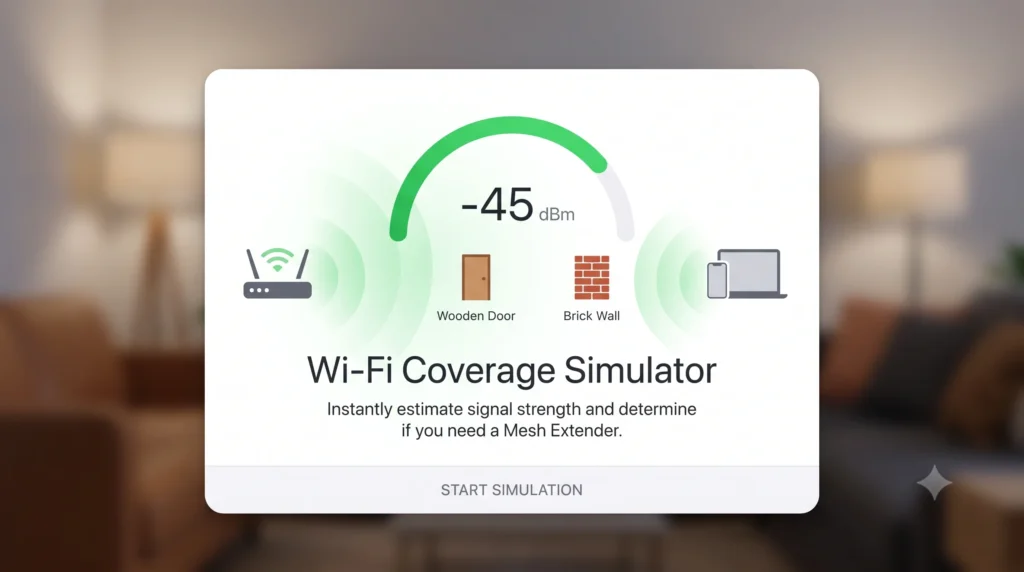 A clean, Apple-style interactive card thumbnail for the "Wi-Fi Coverage Simulator" tool, showing a router, signal strength indicator, physical obstacles like a wooden door and brick wall, and a visual diagnostic graph.