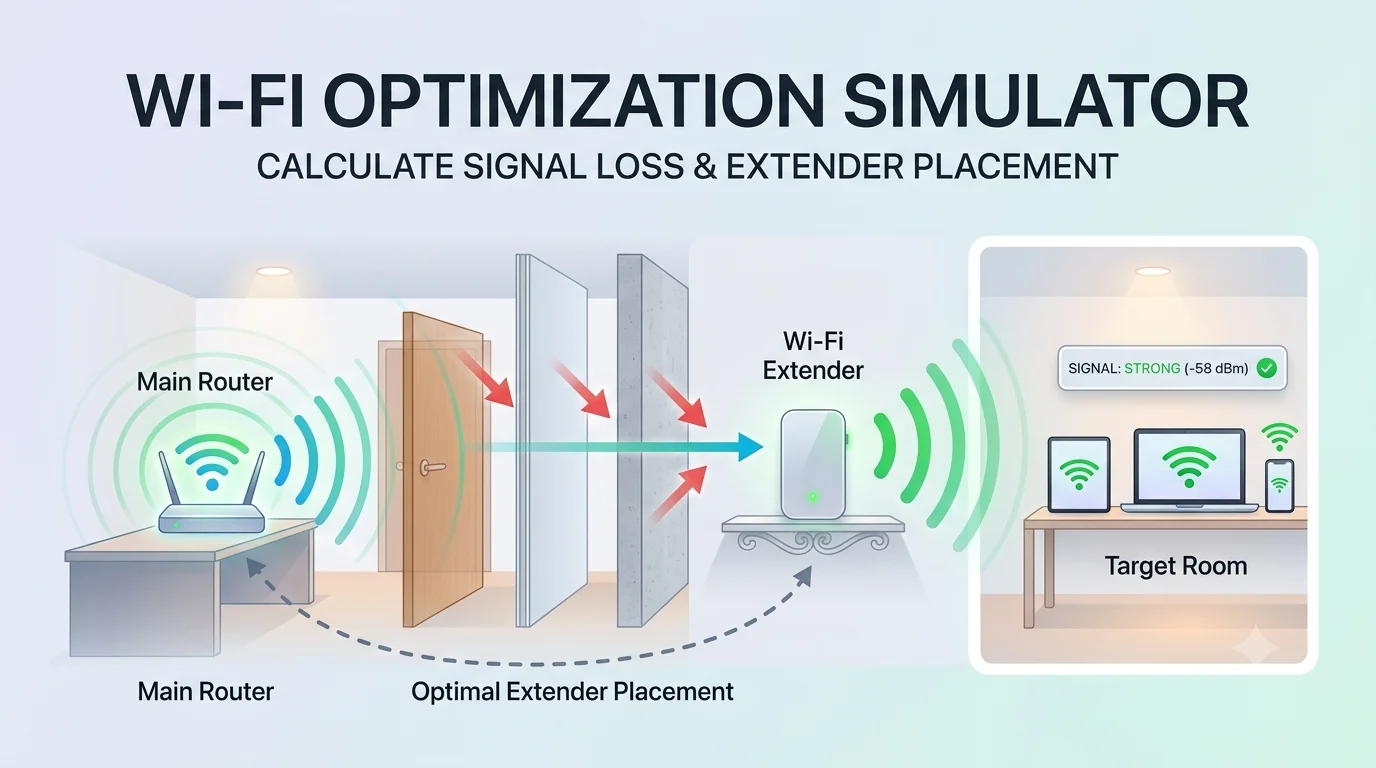 A contemporary home layout infographic illustrating a Wi-Fi Optimization Simulator. It shows a 'Main Router' emitting weak signal arcs blocked by simplified icons of wood, drywall, and concrete walls. A recommended 'Optimal Extender Placement' path is highlighted between the router and a plug-in 'Wi-Fi Extender' that boosts strong signal to a bedroom containing a smartphone and laptop. The header reads "WI-FI OPTIMIZATION SIMULATOR".