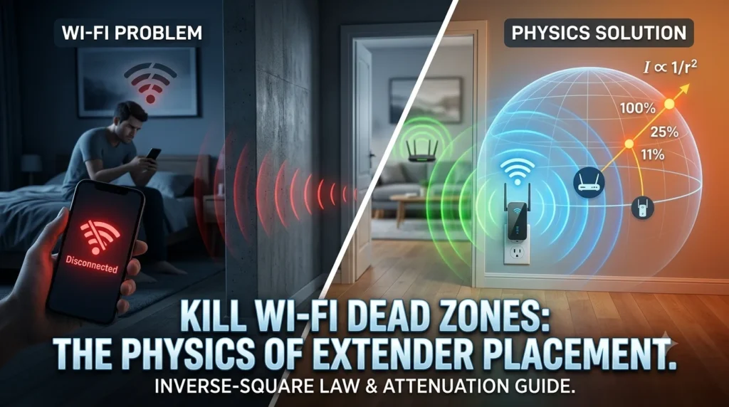 A split-screen illustration optimizing Wi-Fi extender placement using physics: Left side shows a user experiencing a disconnected signal in a dark bedroom with a weak router icon; Right side shows a warm home environment where a Wi-Fi extender is correctly positioned, radiating healthy signals into the same bedroom, alongside a diagram visualizing the Inverse-Square Law and signal attenuation markers (100% to 25% to 11%).
