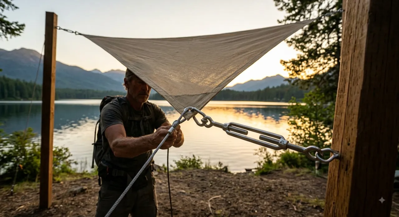 A seasoned camper adjusting a heavy-duty stainless steel turnbuckle on a taut triangular shade sail anchored to a timber post by a scenic mountain lake at sunrise.
