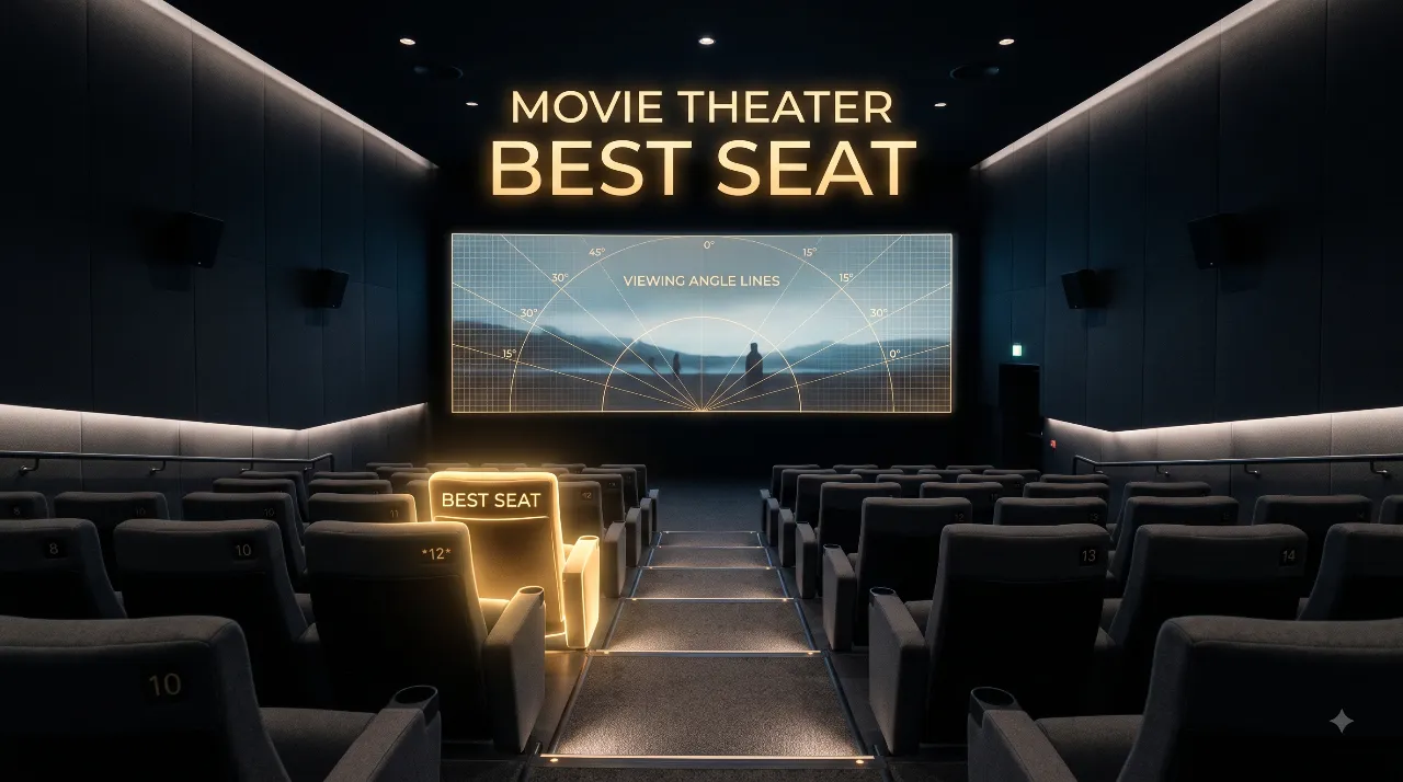 A modern cinema hall with a glowing curved screen and a highlighted golden seat in the optimal viewing position featuring the text Movie Theater Best Seat.
