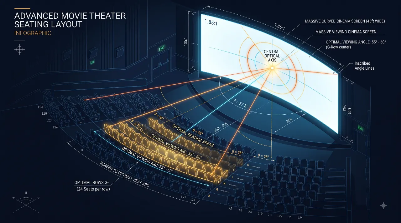 Isometric blueprint diagram of a modern cinema showing optimal seating curves and viewing angles calculated via the inscribed angle theorem.