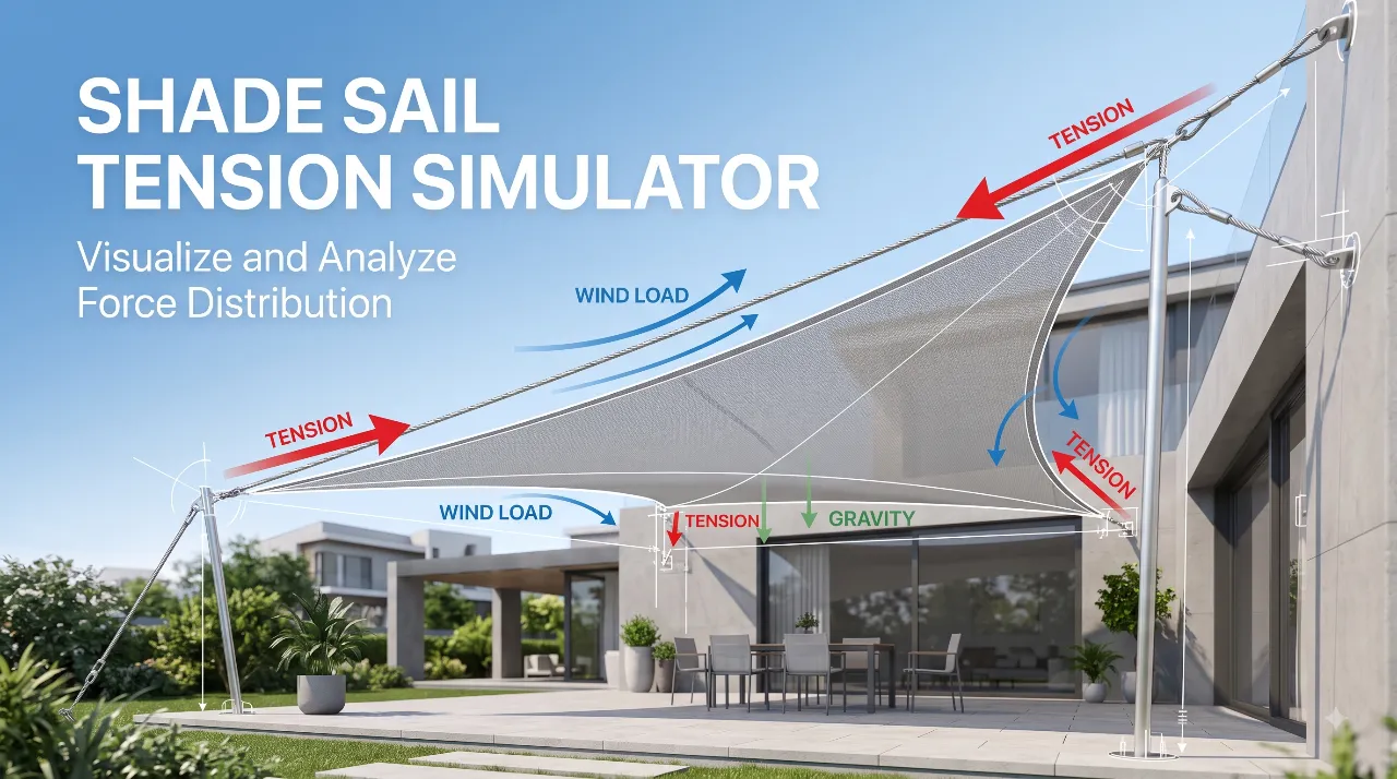 Modern 3D architectural diagram of a triangular shade sail with force vectors and the title text "Shade Sail Tension Simulator".