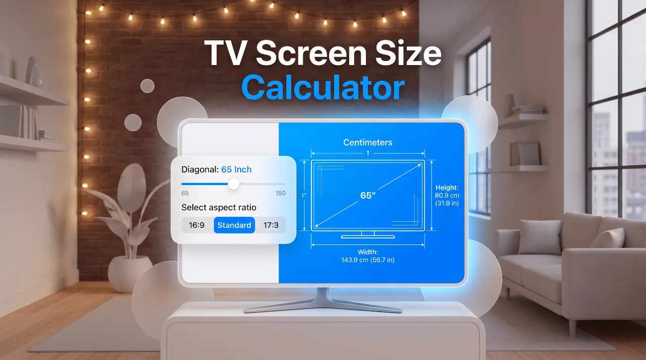 A cozy living room with a brick wall and string lights, featuring a modern, flat-screen TV on a wooden console. The television displays an interactive user interface for a 'TV Screen Size Calculator,' including controls and a visualization with dimensions: "Width: 143.9 cm (56.7 in)" and "Height: 80.9 cm (31.9 in)".