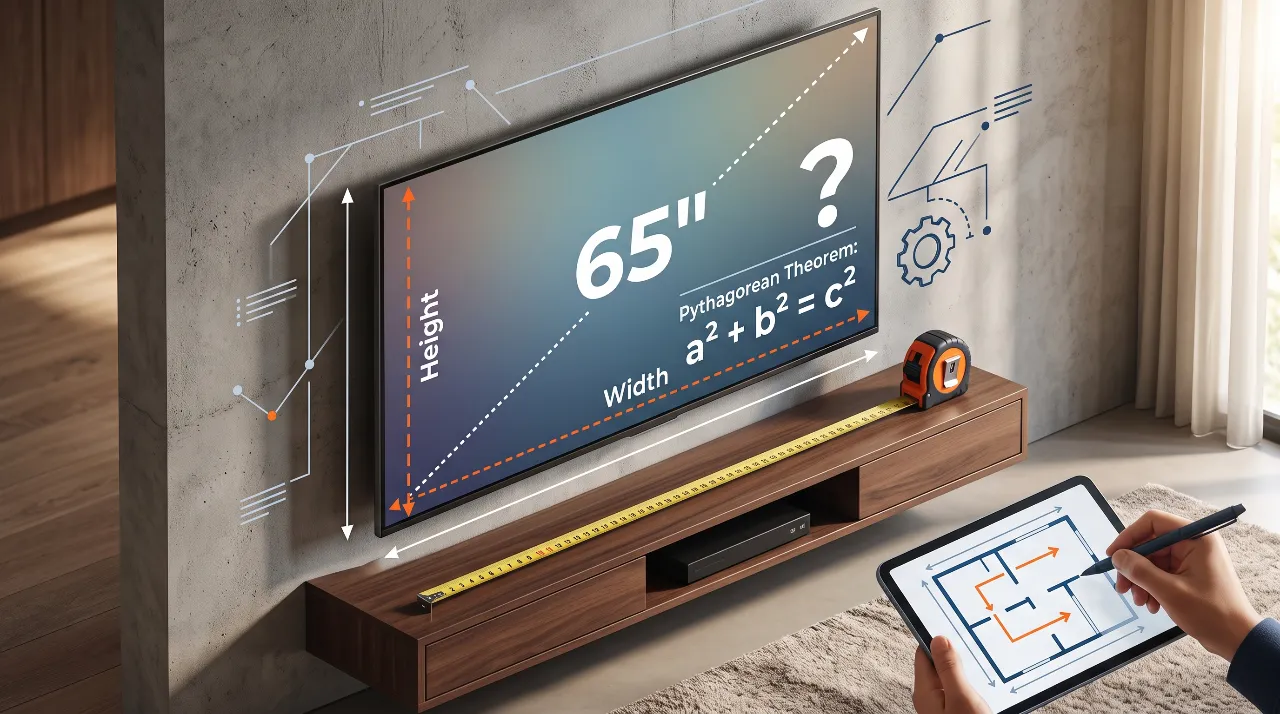 A photorealistic infographic in a modern living room showing a 65-inch TV. On the active screen, a visual guide displays the diagonal measurement '65"' alongside dimension labels for 'Width' and 'Height' and the equation 'a² + b² = c²'. A measuring tape rests on the media console below, while a hand in the foreground holds a tablet with a room layout blueprint, illustrating practical measurement planning.